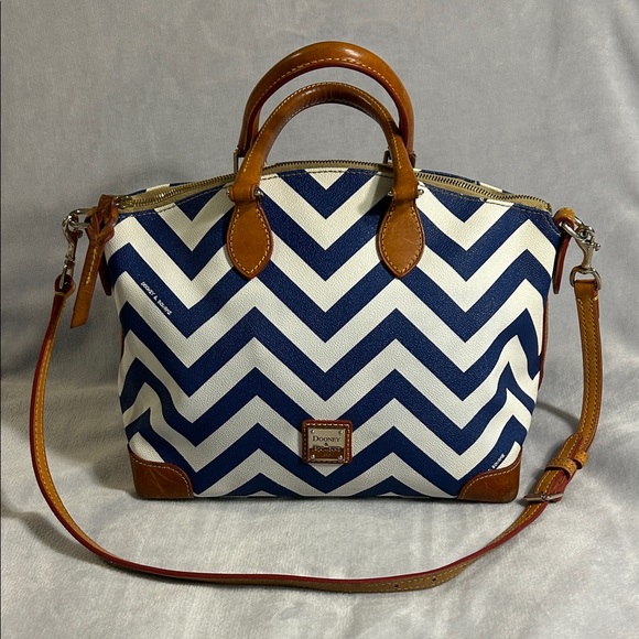 Dooney & Bourke Handbags - Dooney & Bourke Navy and Tan Chevron Satchel With Crossbody Strap